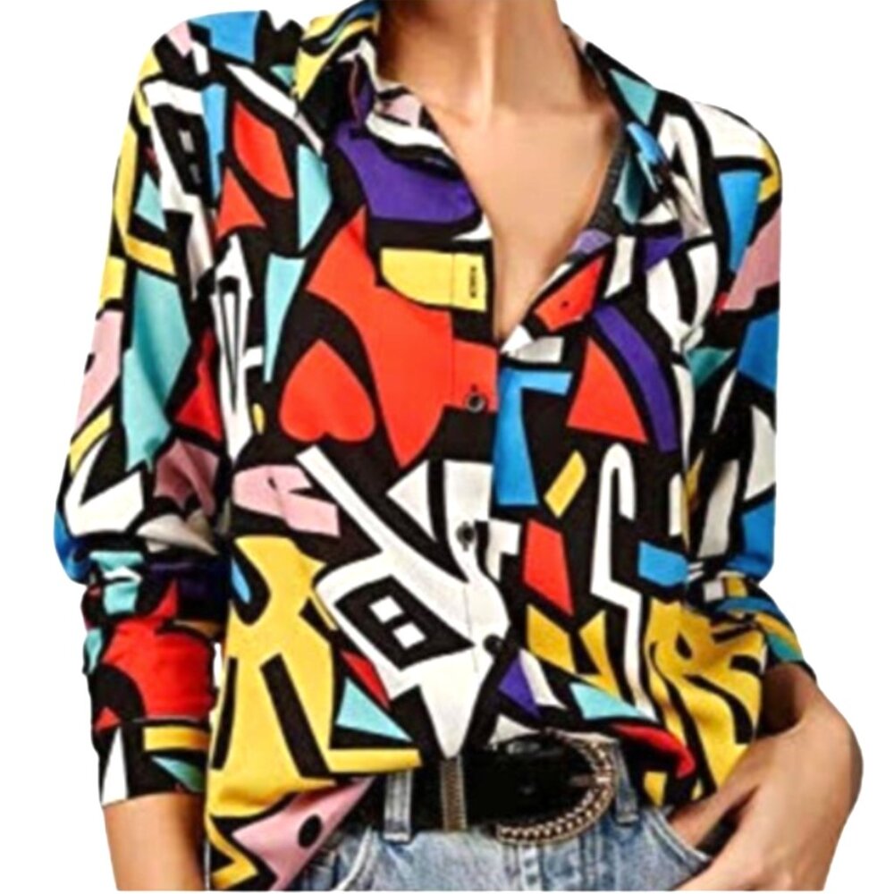 SALE Vintage Retro 80’s 90’s Geometric Graphic blouse women’s Large